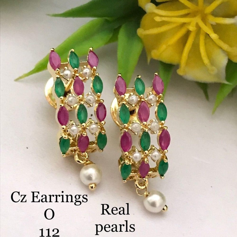 Multicolor CZ Floral Pearl Drop Earrings - Image 1
