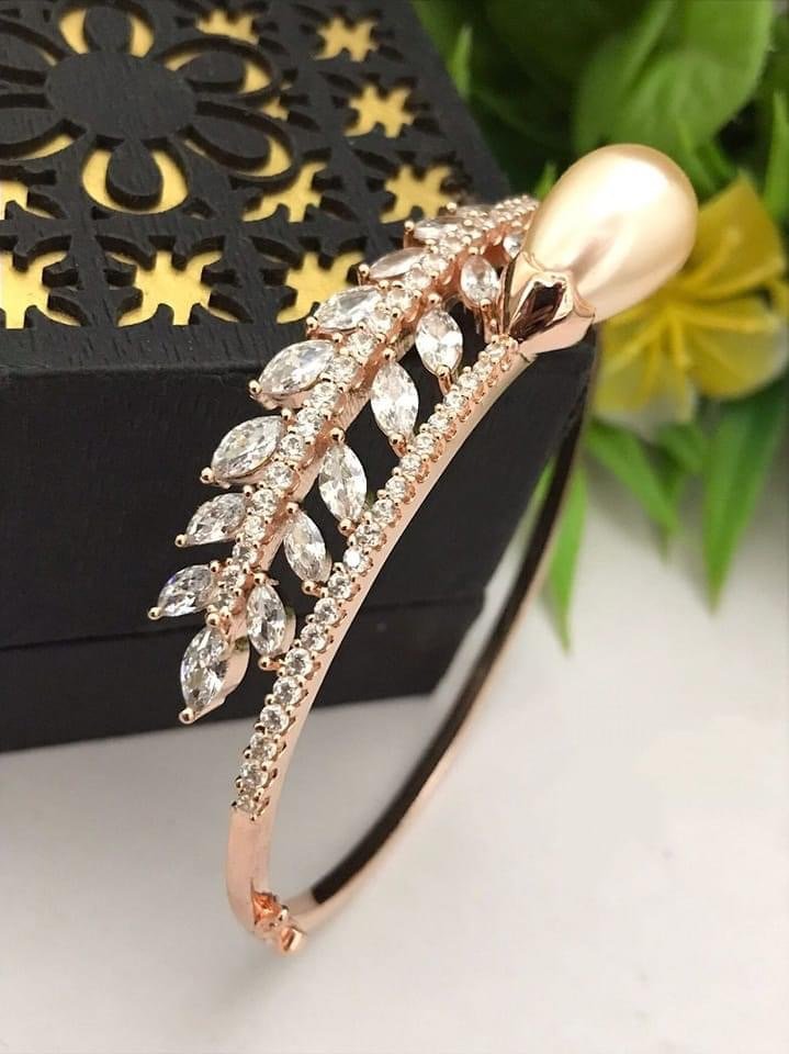 Rose Gold CZ Leaf Pearl Open Kada Bracelet - Image 1
