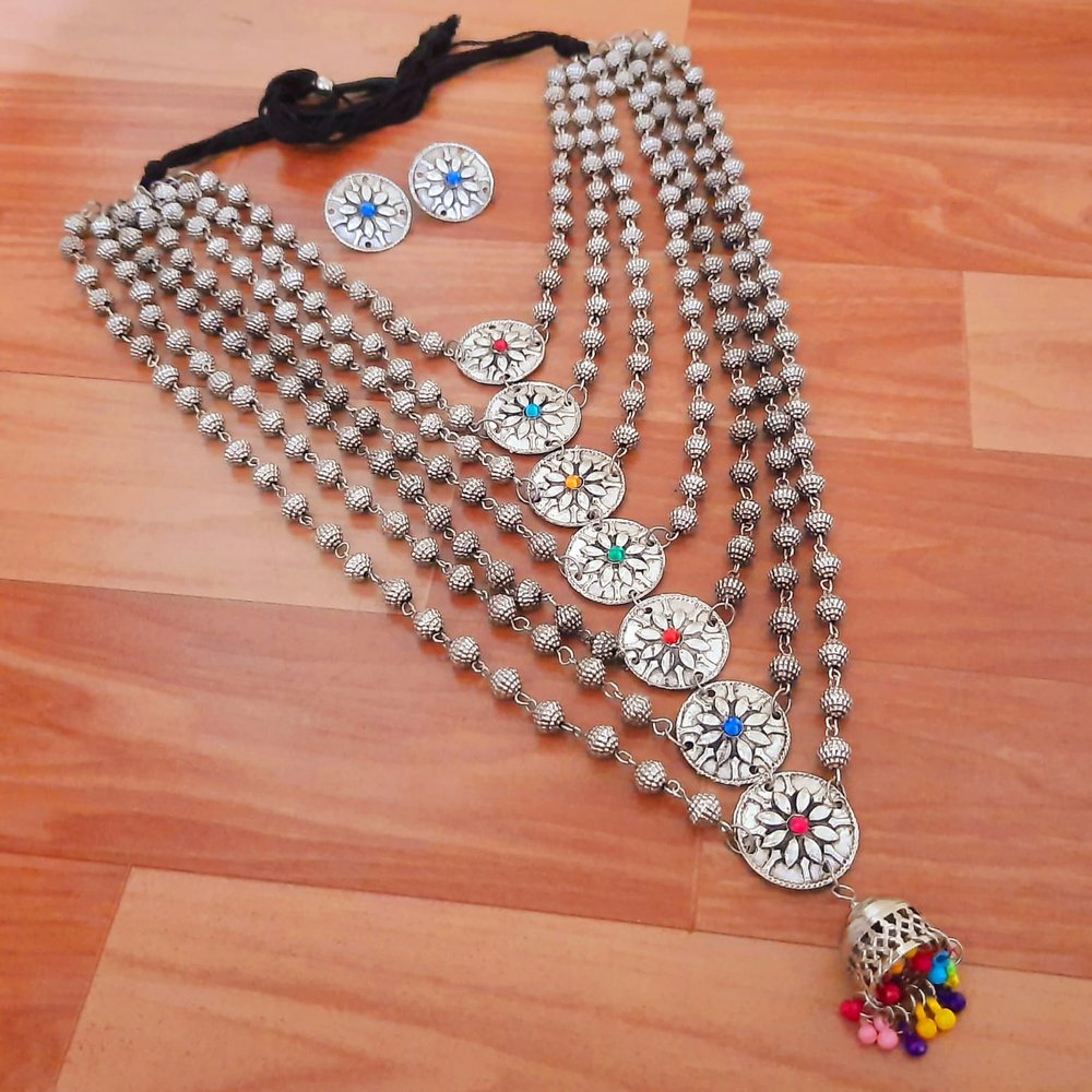 Oxidised Multicolor Tribal Long Necklace Set - Image 1