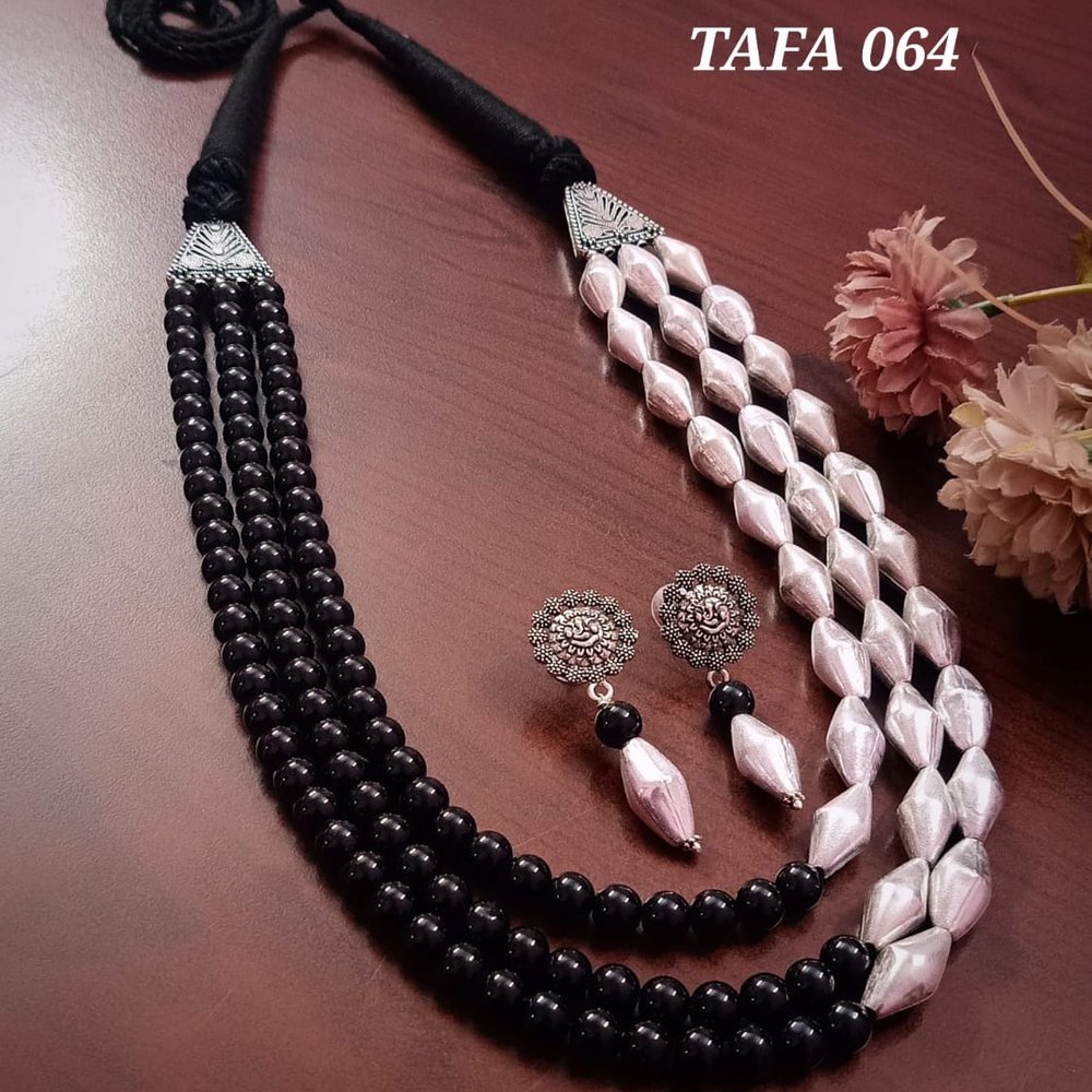 Dual Tone Black & Silver Beaded Long Necklace Set - Image 1