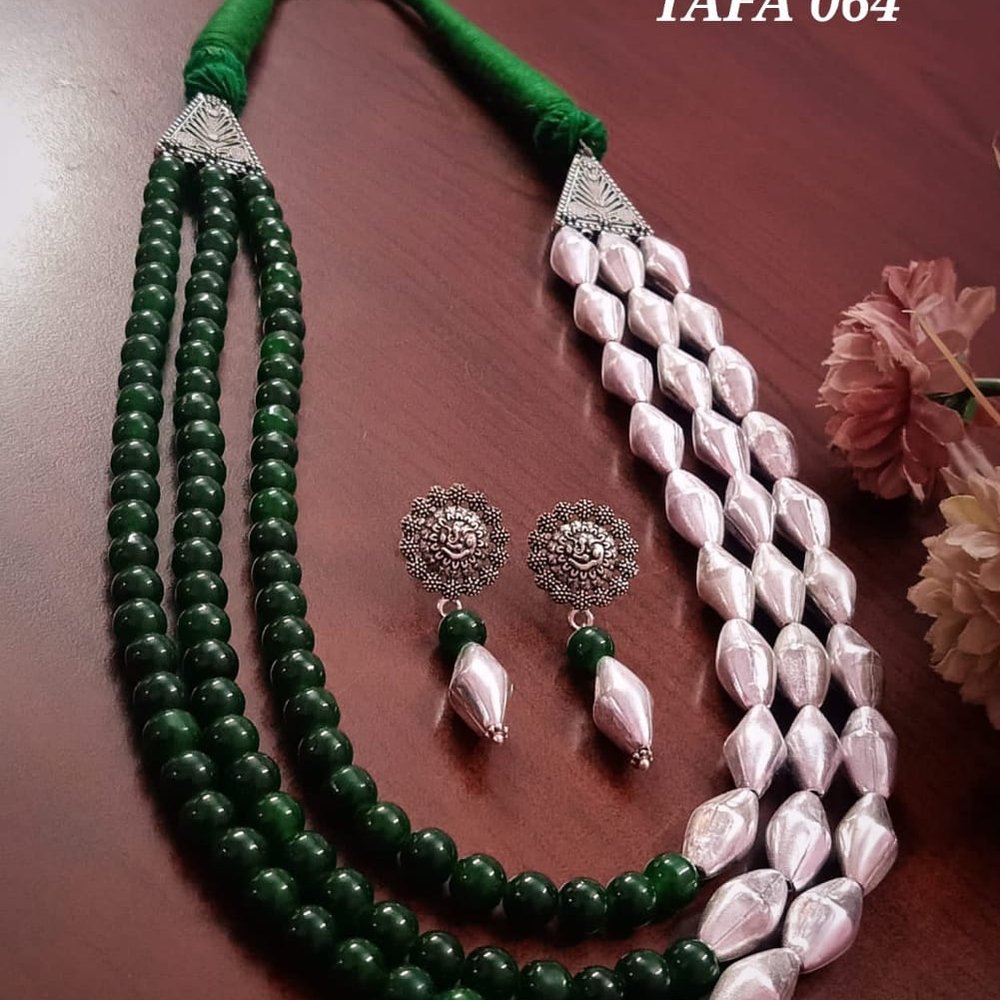 Dual Tone Green & Silver Beaded Long Necklace Set - Image 1