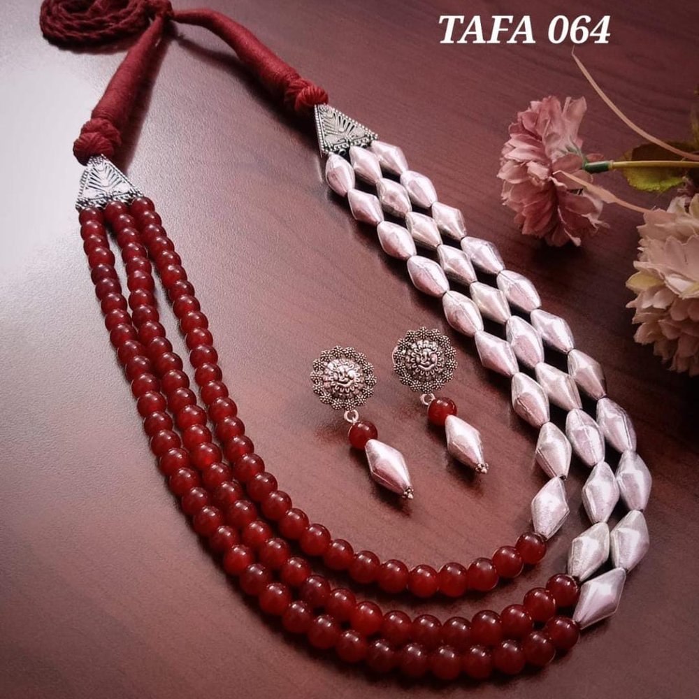 Dual Tone Maroon & Silver Beaded Long Necklace Set - Image 1