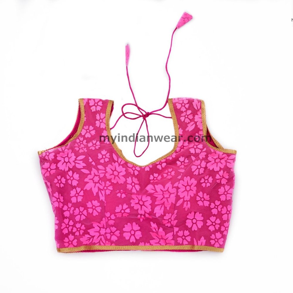 Pink Floral Printed Saree Blouse with Gold Border - Image 1