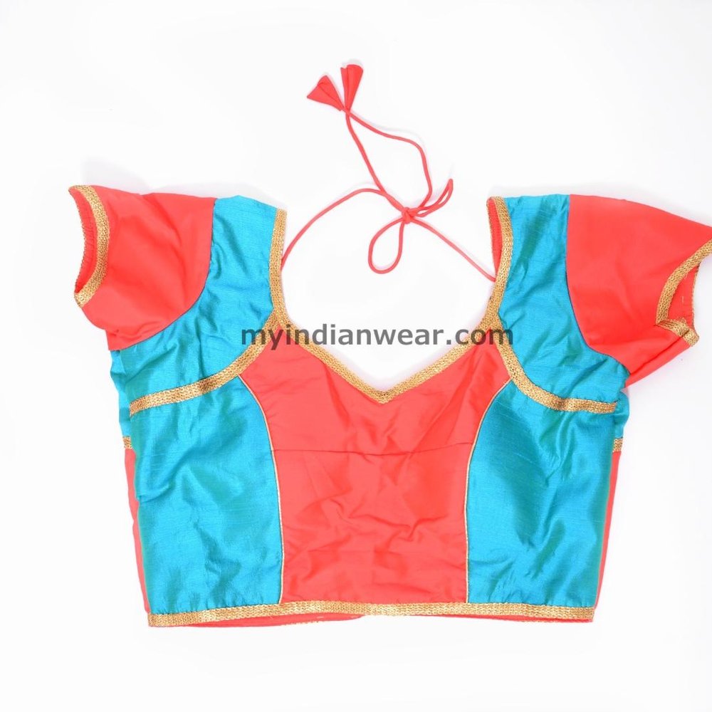 Coral & Teal Designer Saree Blouse with Gold Detailing - Image 1