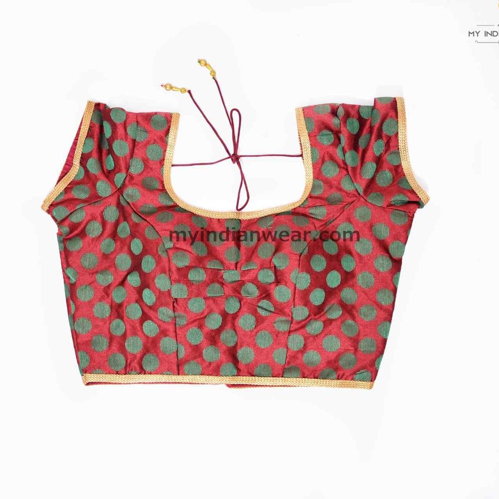 Maroon & Green Polka Dot Silk Saree Blouse with Gold Border - Image 1
