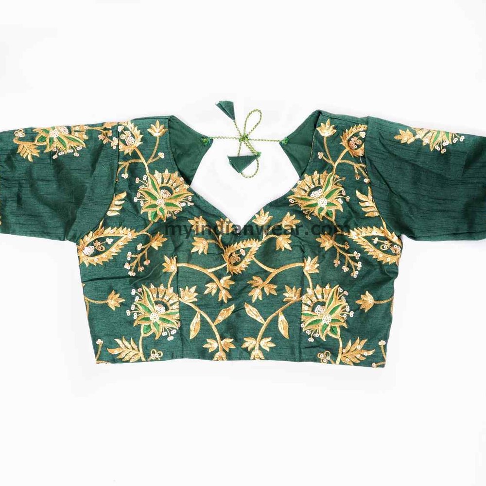Emerald Green Embroidered Silk Saree Blouse with Zari Work - Image 1