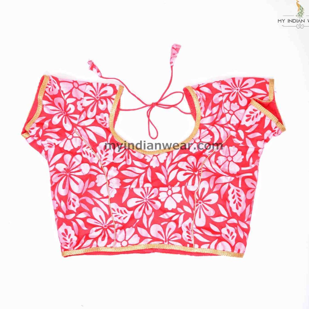 Coral Pink Floral Printed Saree Blouse with Gold Border - Image 1