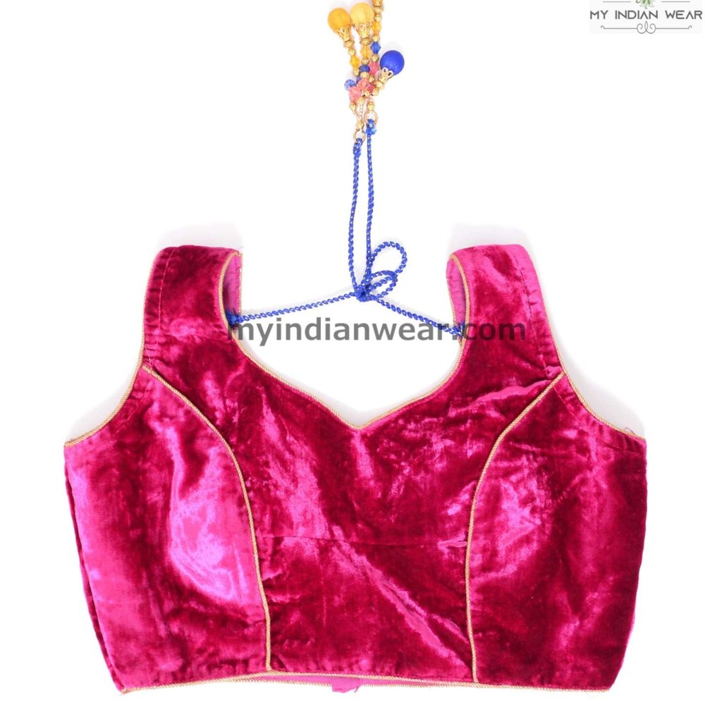Rani Pink Velvet Saree Blouse with Gold Piping - Image 1