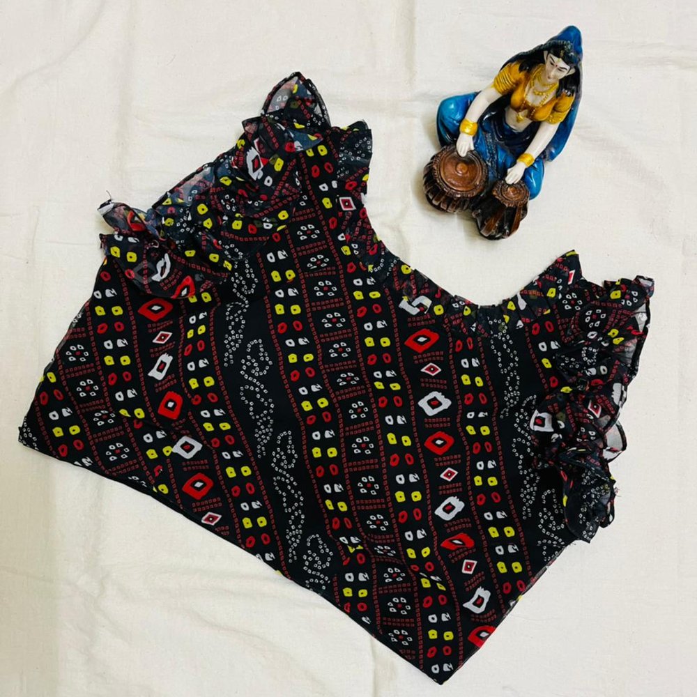 Black Geometric Printed Ruffle Sleeve Saree Blouse - Image 1