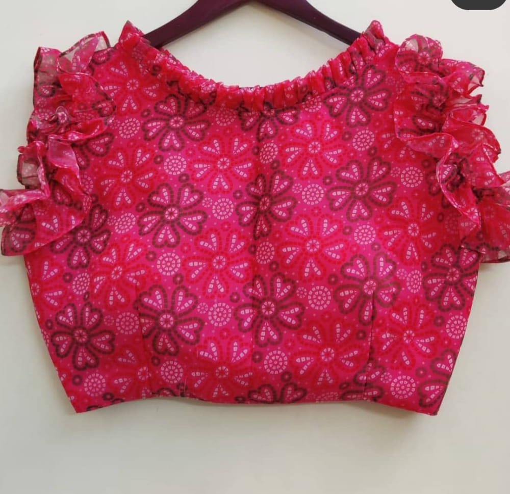 Hot Pink Floral Ruffle Sleeve Saree Blouse - Image 1