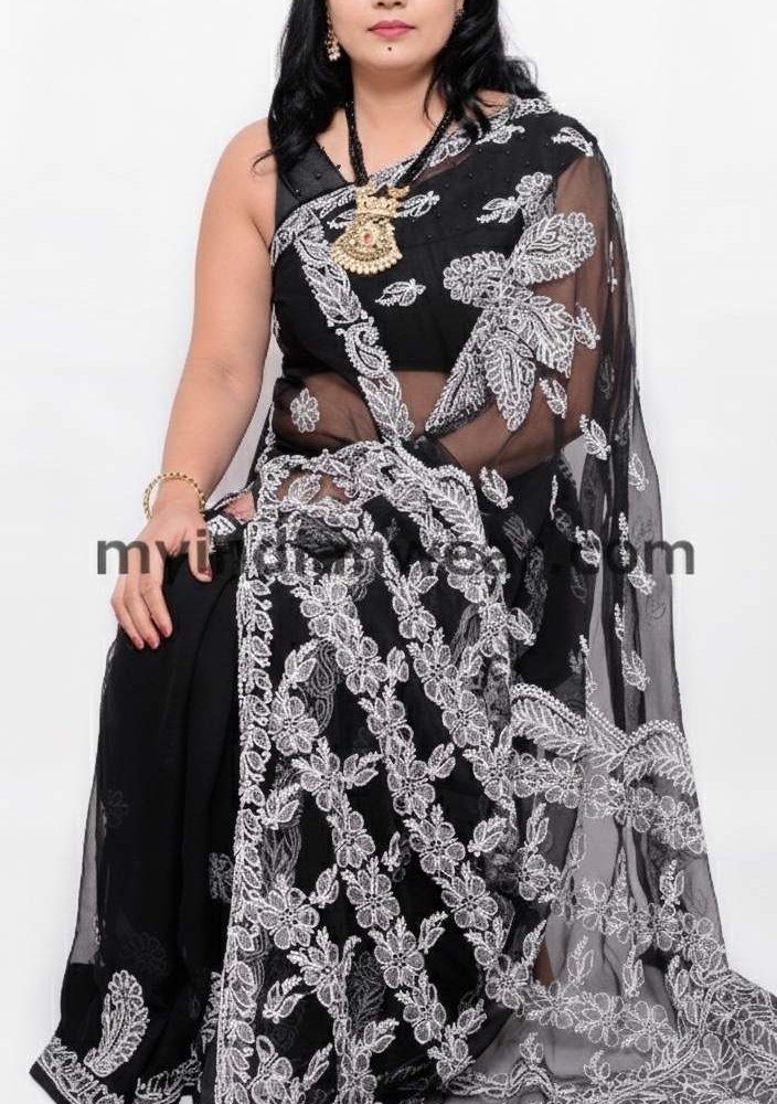 Black Georgette Saree with White Floral Embroidery - Image 2