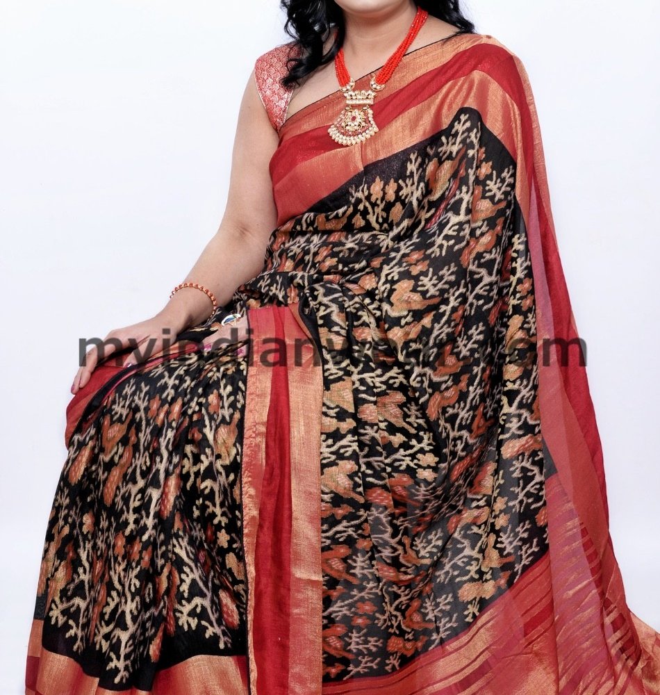 Black & Rust Printed Saree with Golden Border - Image 2