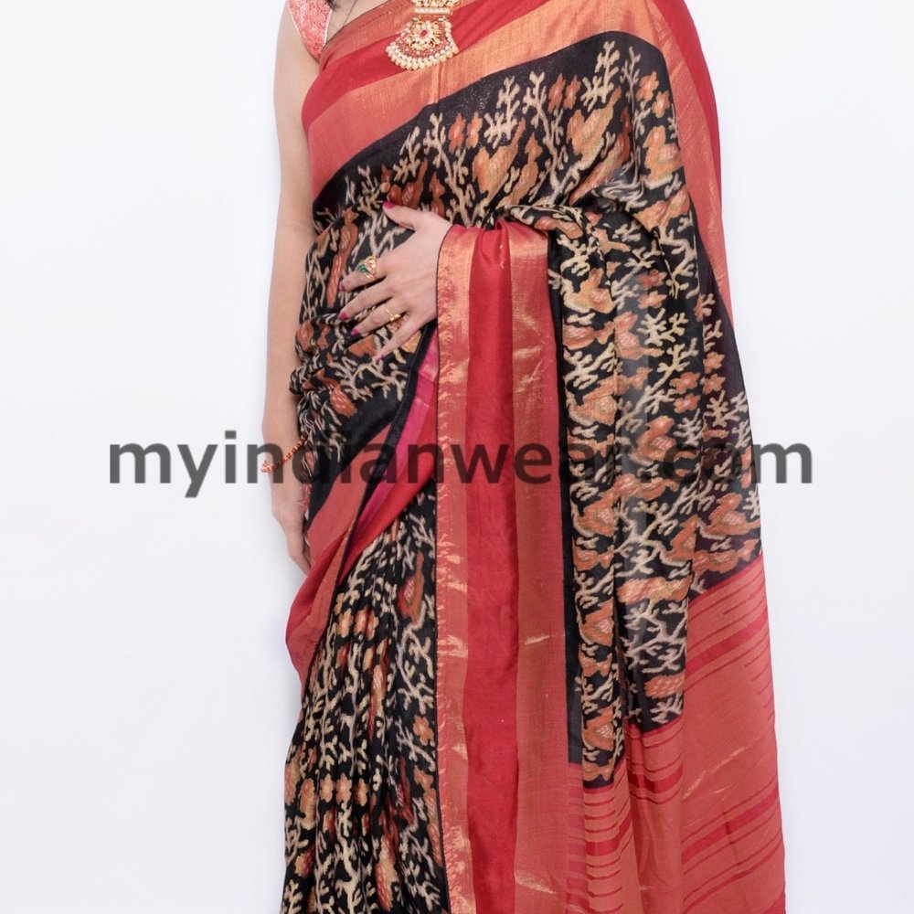 Black & Rust Printed Saree with Golden Border - Image 3