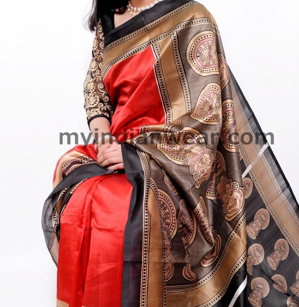 Red & Black Printed Silk Blend Saree with Golden Border - Image 1