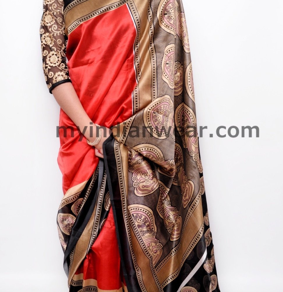 Red & Black Printed Silk Blend Saree with Golden Border - Image 2