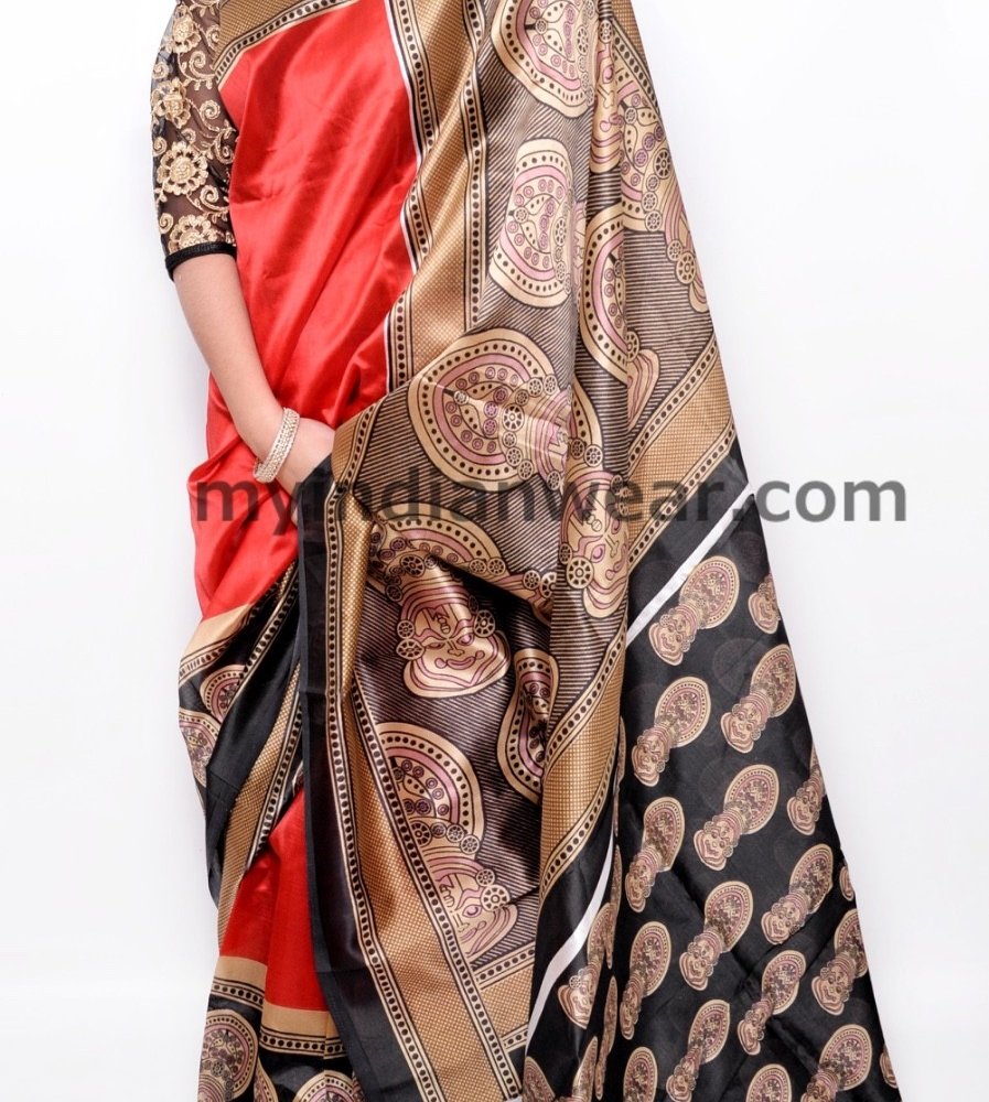 Red & Black Printed Silk Blend Saree with Golden Border - Image 3