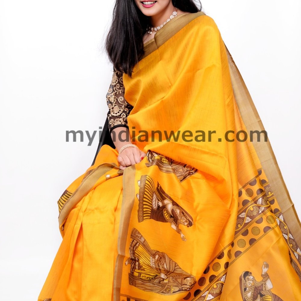 Mustard Yellow Printed Silk Blend Saree with Traditional Motifs - Image 1