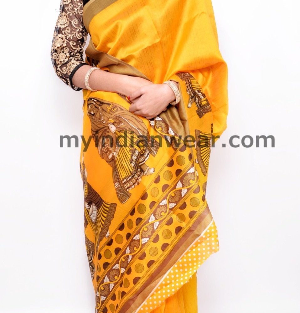Vibrant Orange Silk Blend Saree with Golden Woven Design - Image 3