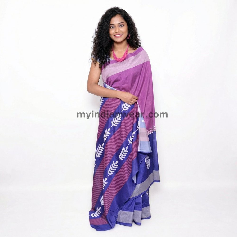 Purple & Blue Dual Tone Printed Saree with Leaf Motifs - Image 1