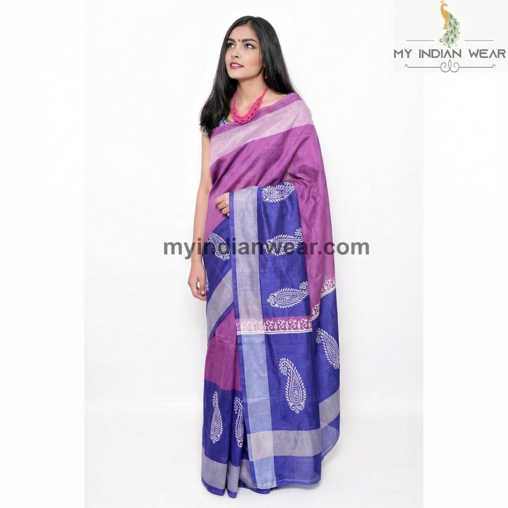 Purple & Blue Dual Tone Printed Saree with Leaf Motifs - Image 3