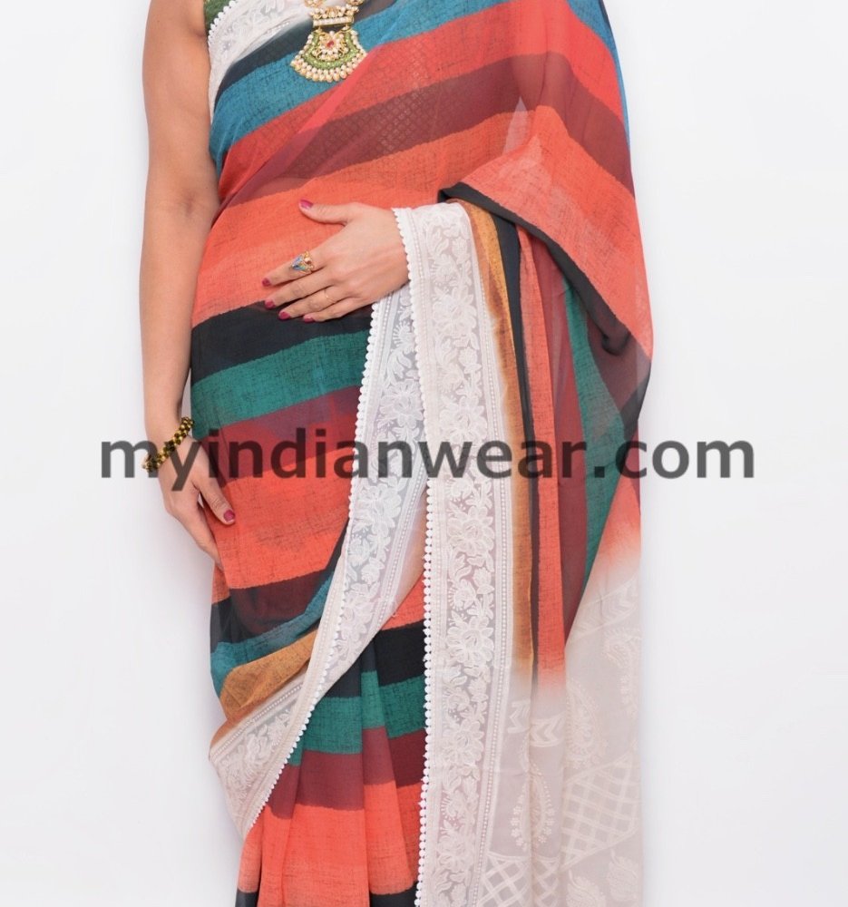 Multicolor Striped Saree with Elegant White Woven Border - Image 1