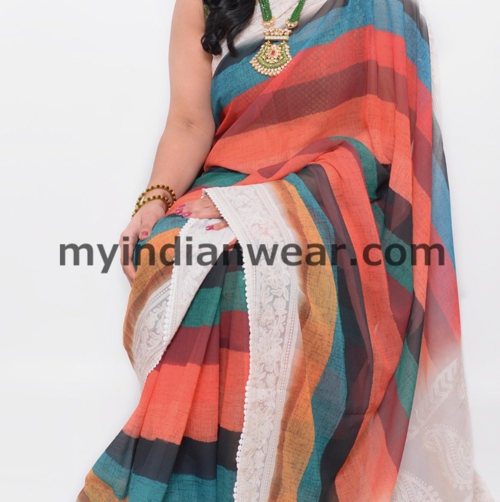Multicolor Striped Saree with Elegant White Woven Border - Image 2