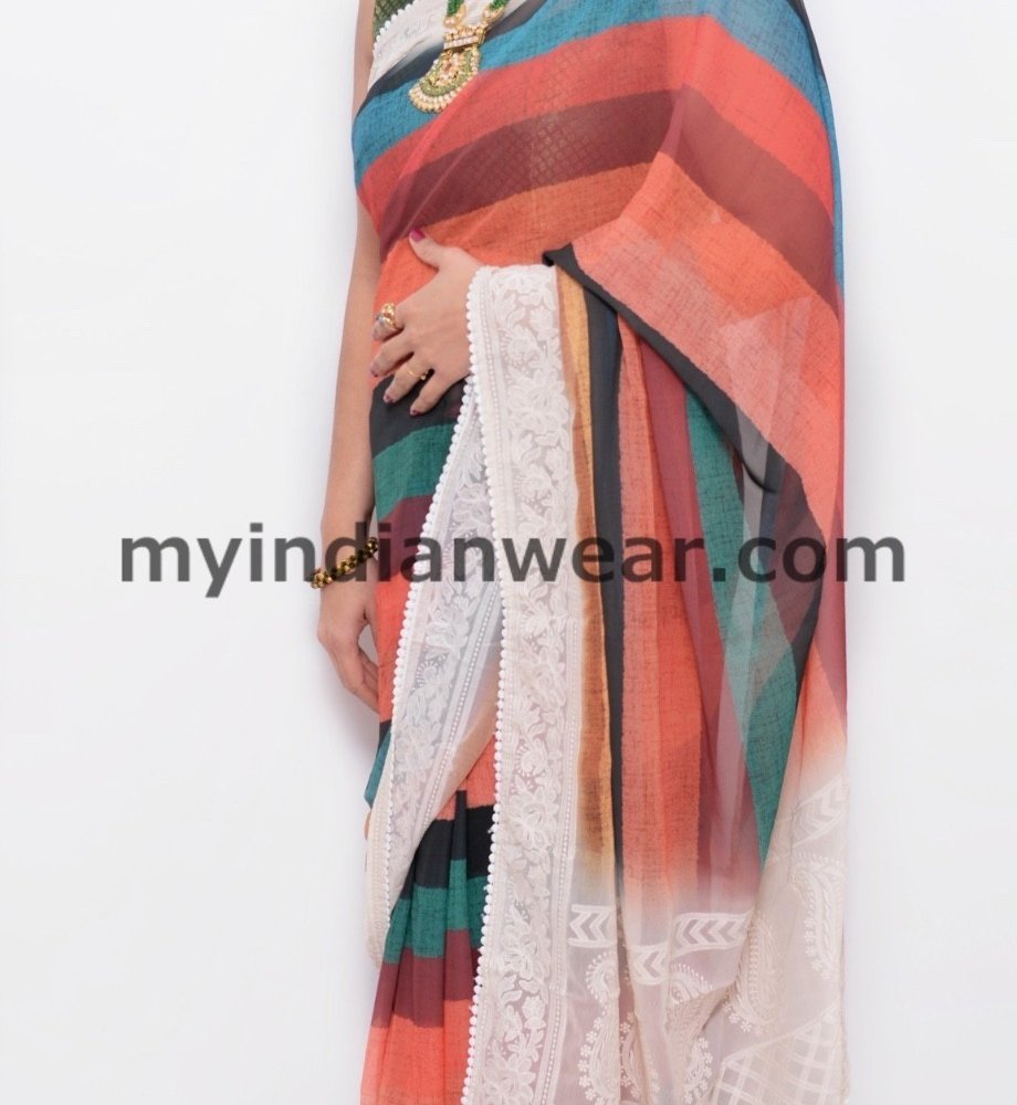 Multicolor Striped Saree with Elegant White Woven Border - Image 5