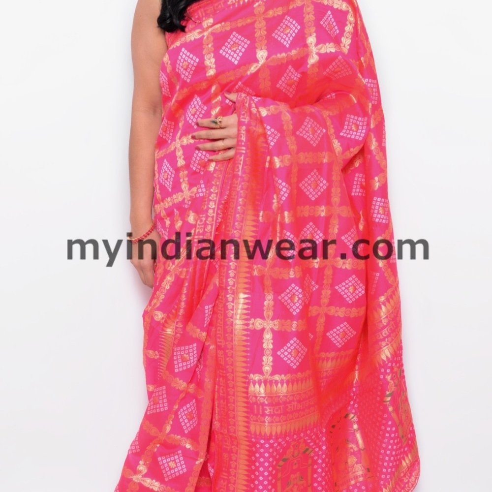 Pink Bandani Print Art Silk Saree - Image 3
