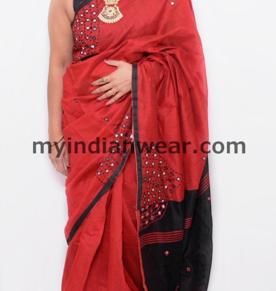Elegant Red & Black Saree with Mirror Work Detailing - Image 2