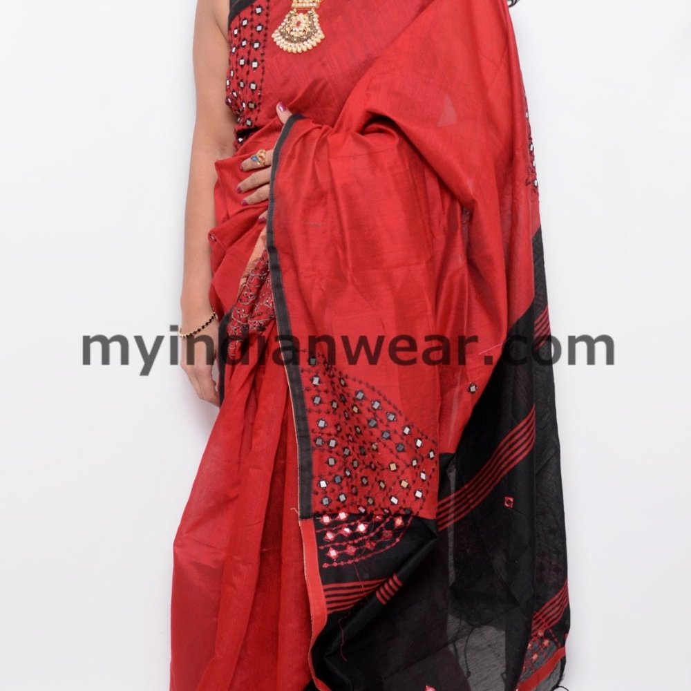 Elegant Red & Black Saree with Mirror Work Detailing - Image 3