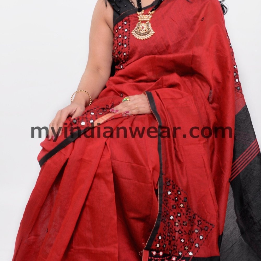 Elegant Red & Black Saree with Mirror Work Detailing - Image 4