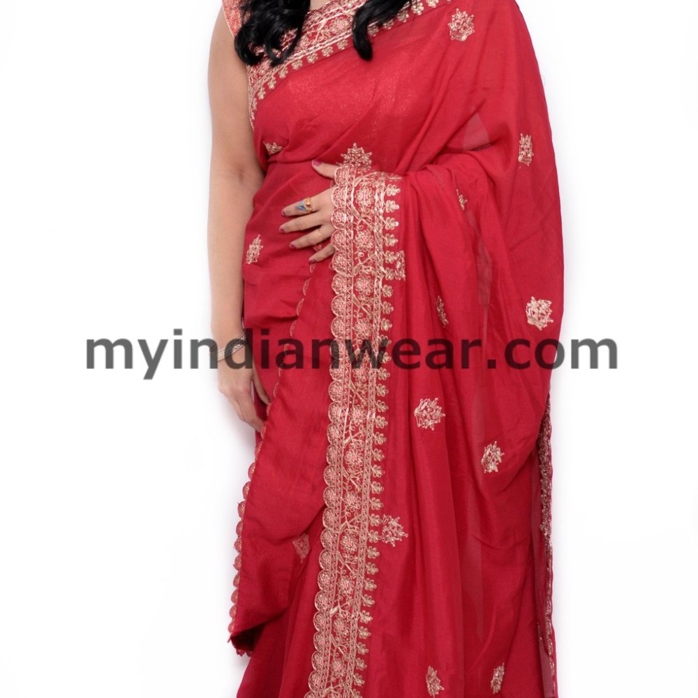 Crimson Red Saree with Elegant Gold Embroidered Border - Image 2