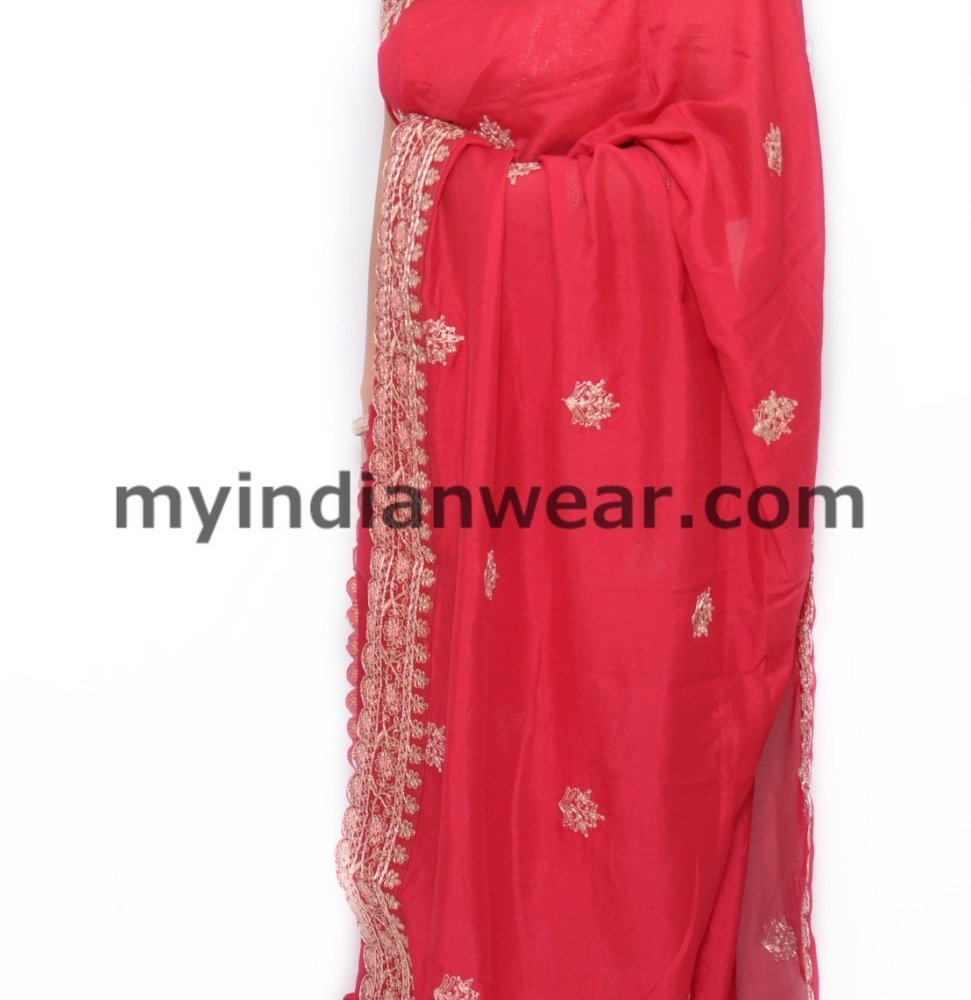 Crimson Red Saree with Elegant Gold Embroidered Border - Image 3