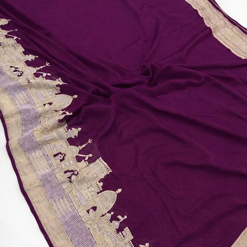 Banarasee Semi Georgette Silk Saree - Magenta - Image 1