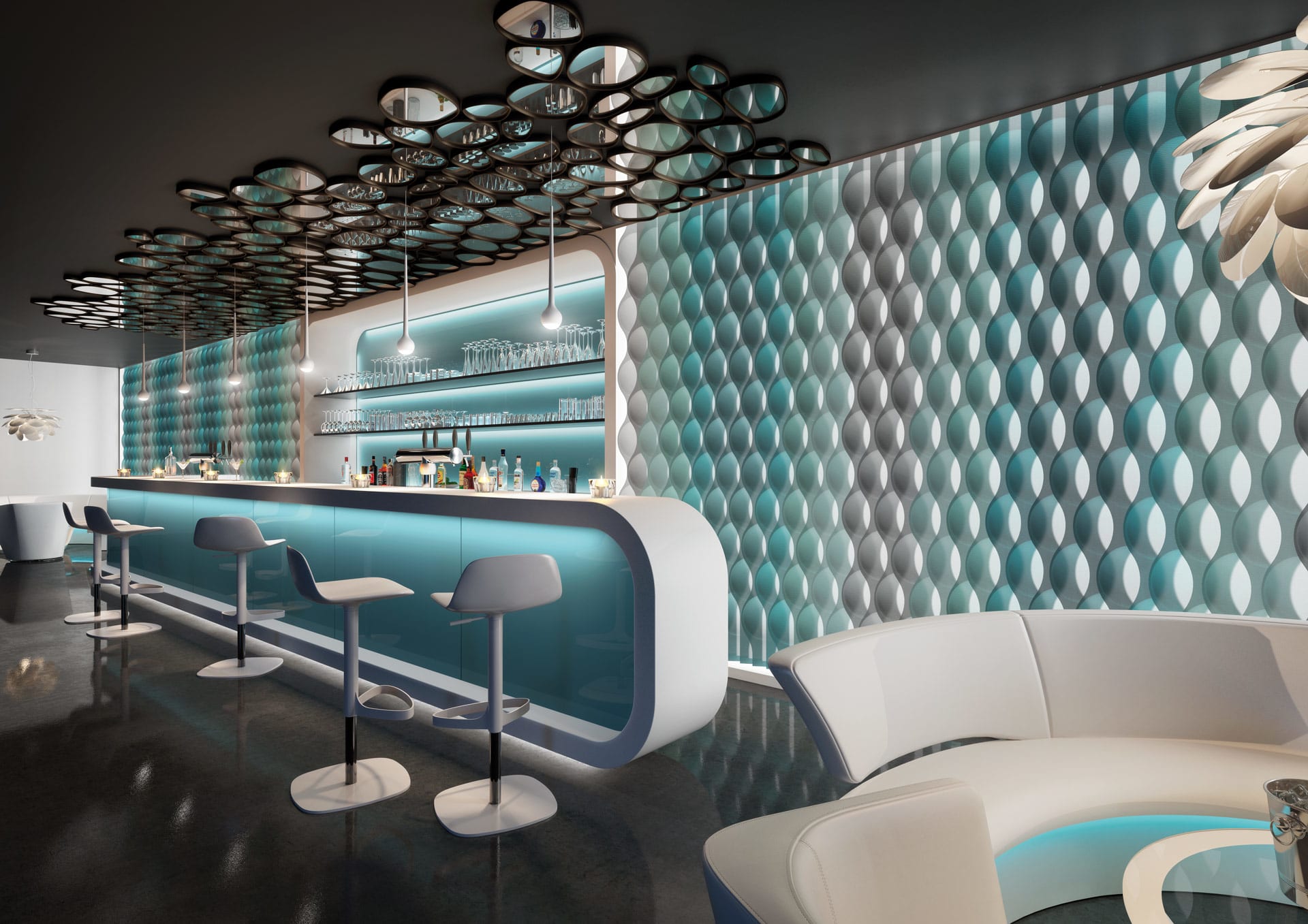 Bar moderne avec éclairage bleu, motifs muraux géométriques, tabourets élégants et sièges blancs incurvés dans un intérieur élégant.