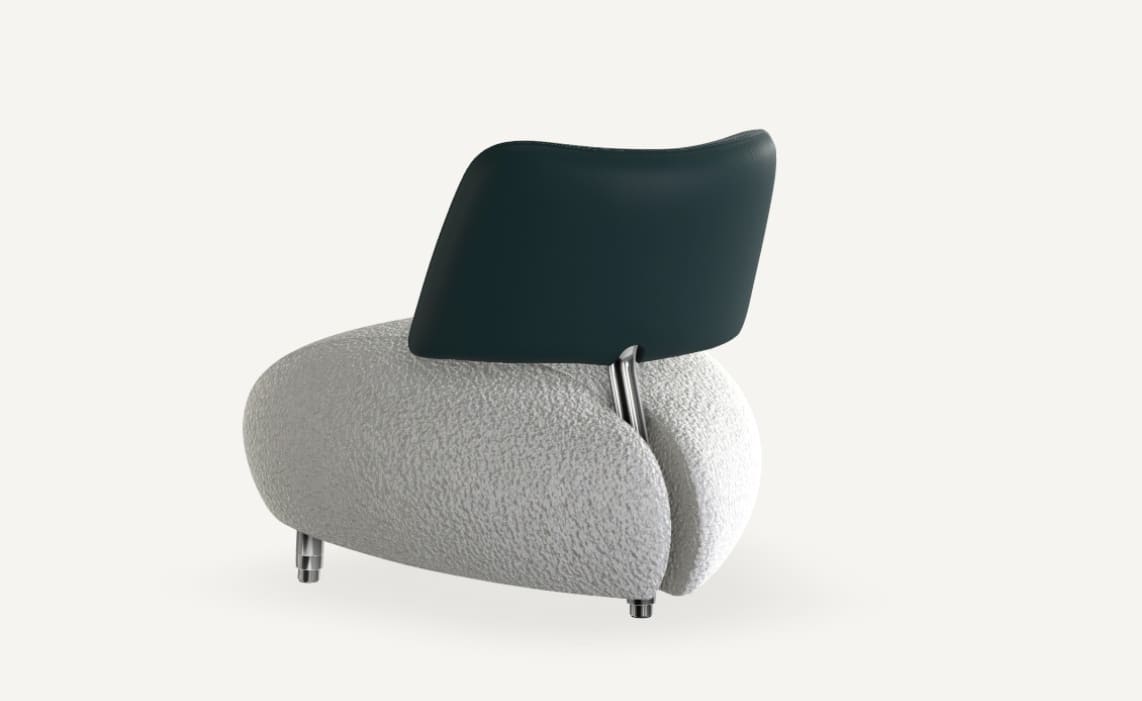 Fauteuil Leolux Pallone Ma : Un fauteuil d'appoint moderne avec une assise blanche structurée et un dossier foncé incurvé sur de fins pieds en métal sur un fond sobre. Fauteuil Leolux Pallone Ma : Un fauteuil d'appoint moderne avec une assise blanche structurée et un dossier foncé incurvé sur de fins pieds en métal sur un fond sobre.