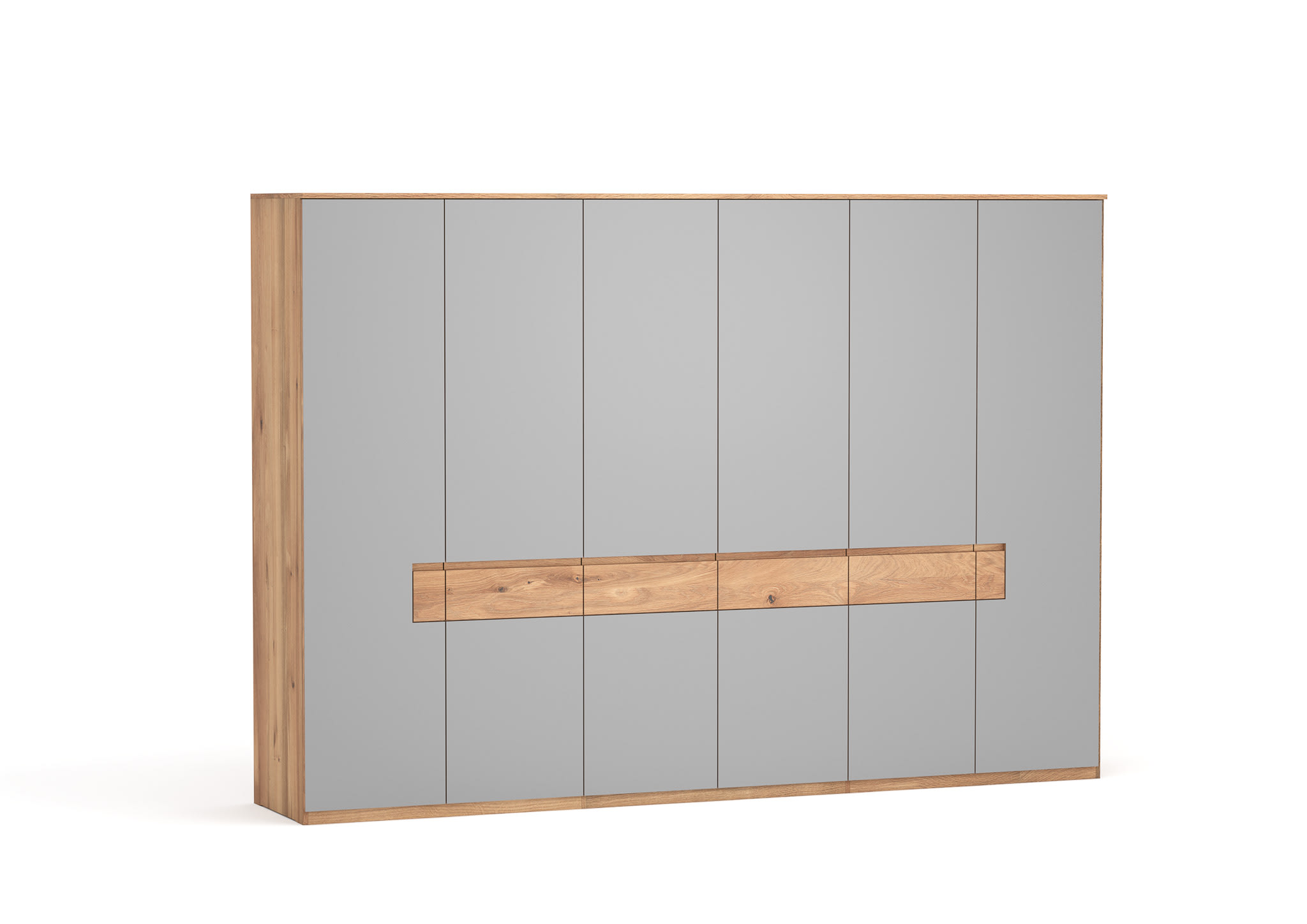 Der Wimmer Bett Silvan ist ein moderner Kleiderschrank aus Holz mit sechs grauen Türen und einer zentralen horizontalen Akzentplatte aus Naturholz. Der Wimmer Bett Silvan ist ein moderner Kleiderschrank aus Holz mit sechs grauen Türen und einer zentralen horizontalen Akzentplatte aus Naturholz.