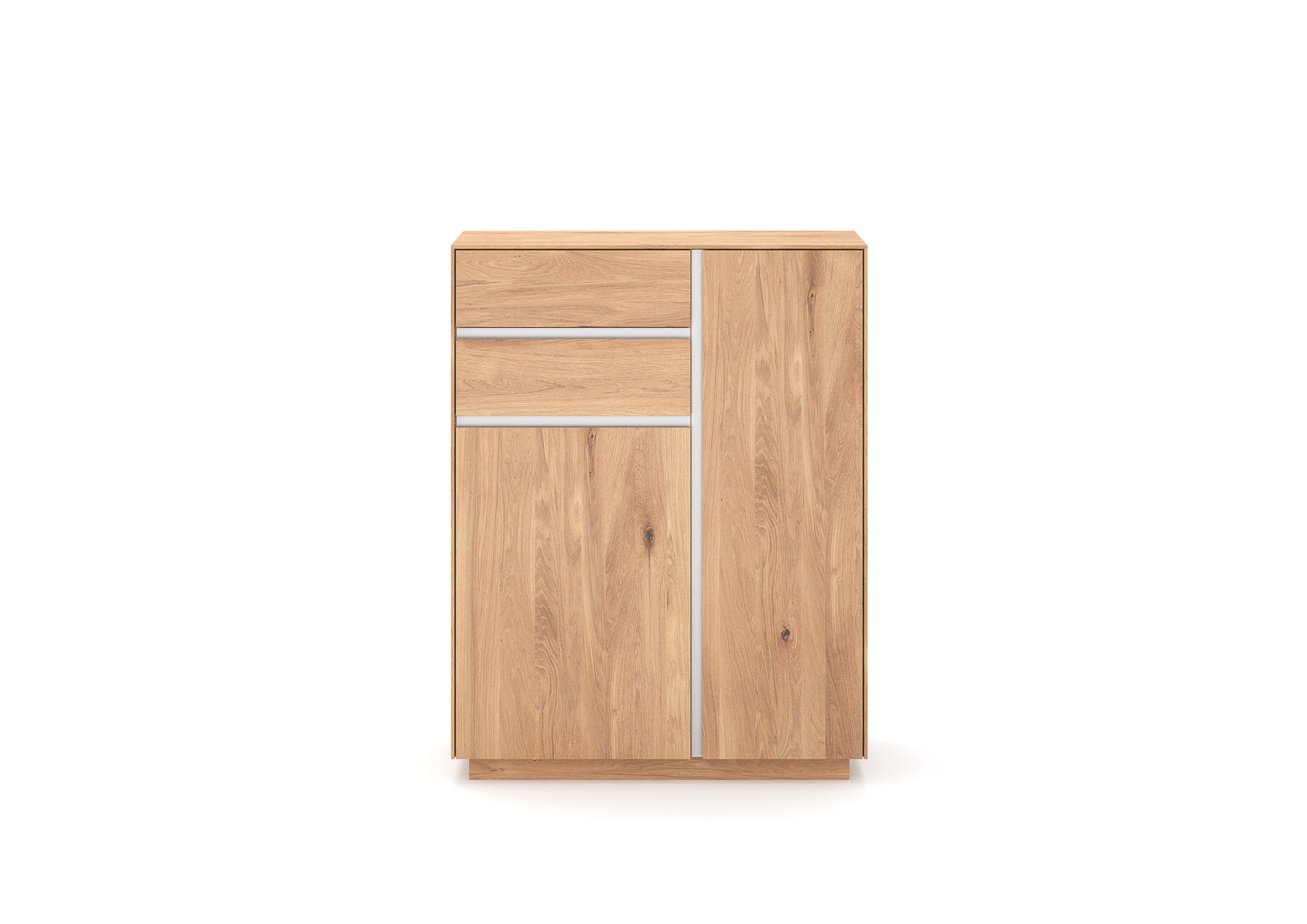 Das Wimmer Highboard ist ein heller Holzschrank mit zwei Schubladen und zwei Türen, der vor einem schlichten weißen Hintergrund steht.