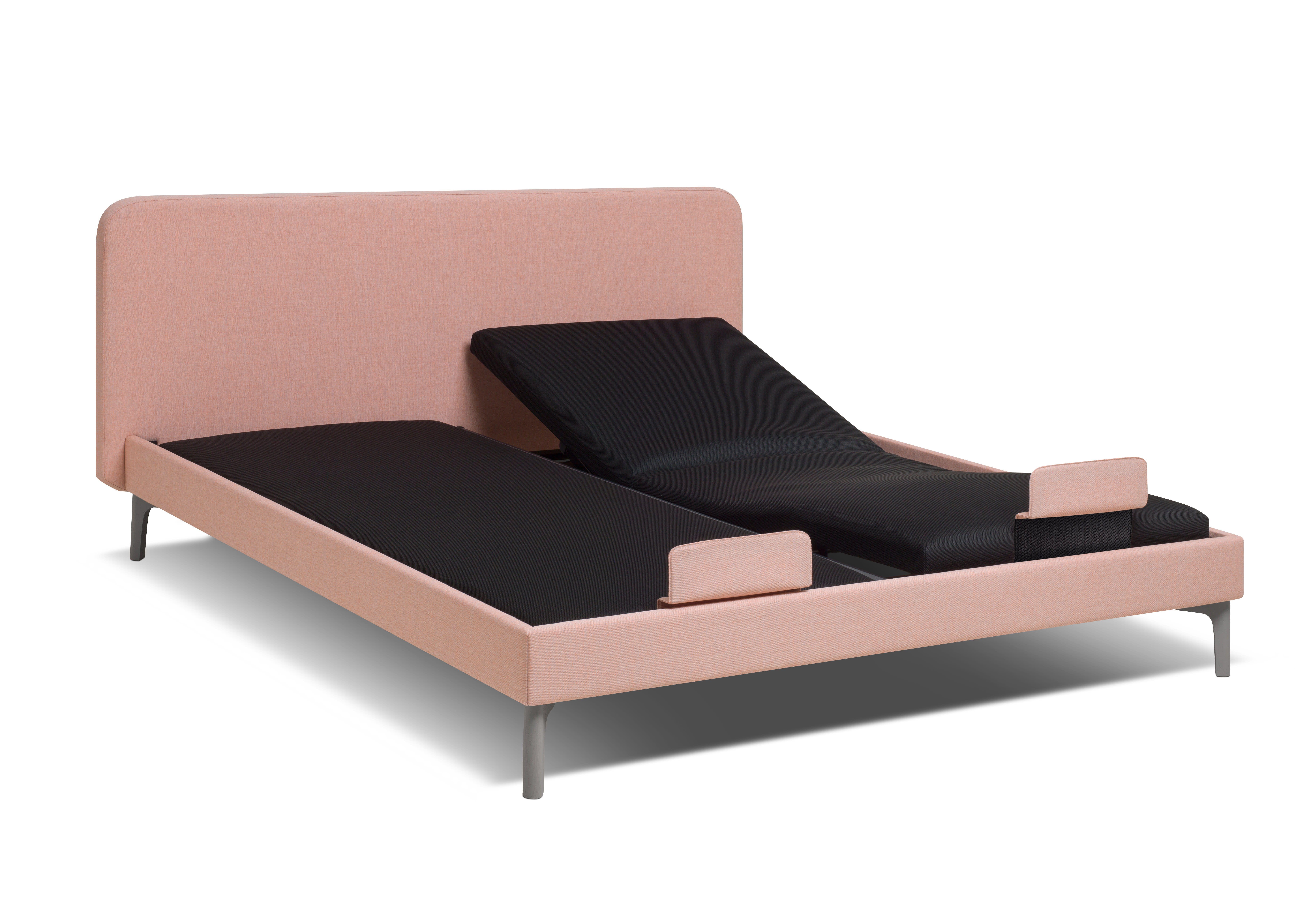 Riposa Boxspringbett Slow: Verstellbares Bett mit rosafarbenem Rahmen, schwarzer Matratze und rechtsseitig erhöhtem Kopf- und Beinteil.