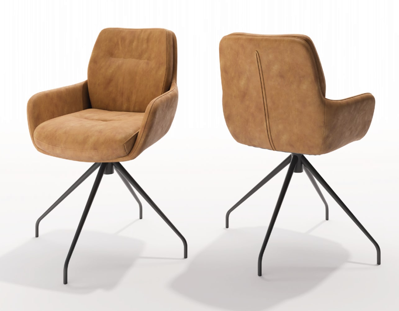 Zwei Sit Mobilia Stuhl Enna, braun gepolsterte Drehstühle mit schwarzen Metallbeinen, werden in Vorder- und Rückansicht vor weißem Hintergrund gezeigt. Zwei Sit Mobilia Stuhl Enna, braun gepolsterte Drehstühle mit schwarzen Metallbeinen, werden in Vorder- und Rückansicht vor weißem Hintergrund gezeigt.