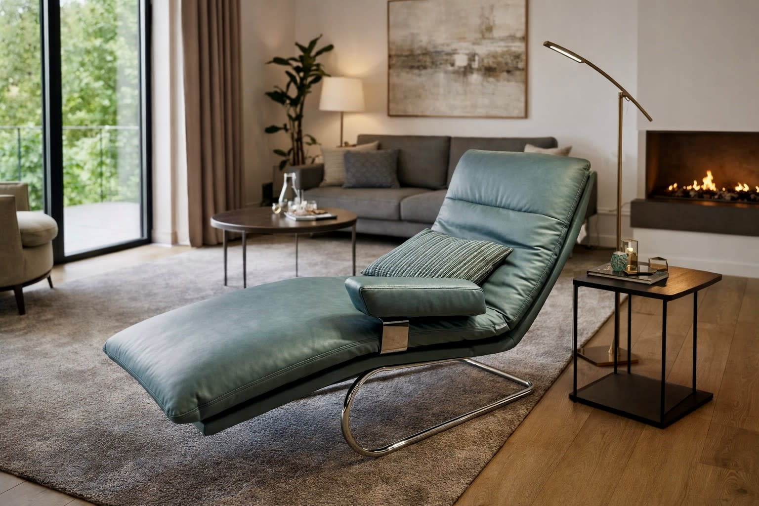 Modernes Wohnzimmer mit der blauen Chaiselongue W. Schillig Liege Daily Dreams, einem Beistelltisch, einem Kamin und einem großen Fenster mit Blick auf üppiges Grün. Modernes Wohnzimmer mit der blauen Chaiselongue W. Schillig Liege Daily Dreams, einem Beistelltisch, einem Kamin und einem großen Fenster mit Blick auf üppiges Grün.