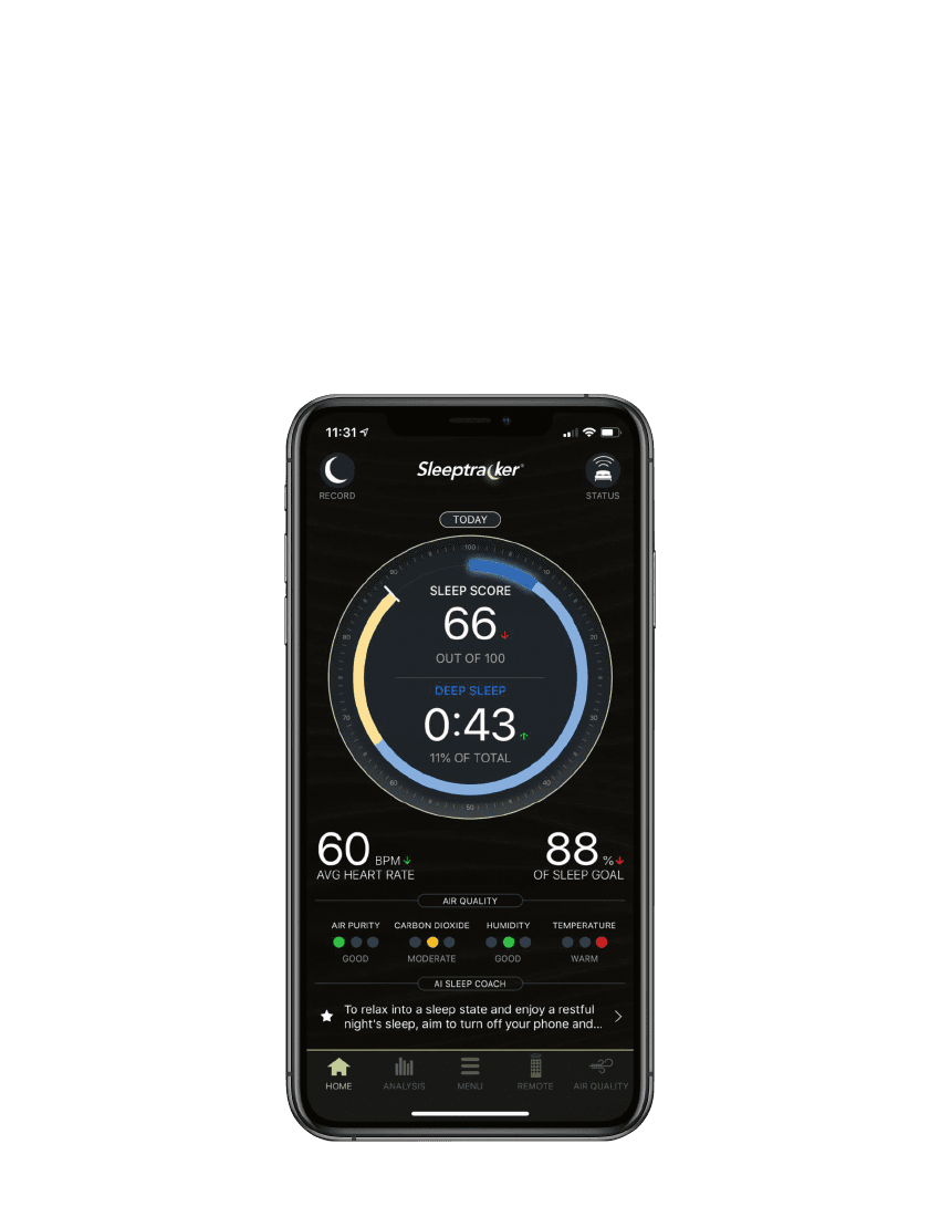 Auf dem Smartphone-Bildschirm des Tempur Einlegerahmen Ergo Smart Base wird eine Schlaf-Tracking-App angezeigt, die Messwerte für Schlafwert, Herzfrequenz und Luftqualität enthält. Auf dem Smartphone-Bildschirm des Tempur Einlegerahmen Ergo Smart Base wird eine Schlaf-Tracking-App angezeigt, die Messwerte für Schlafwert, Herzfrequenz und Luftqualität enthält.