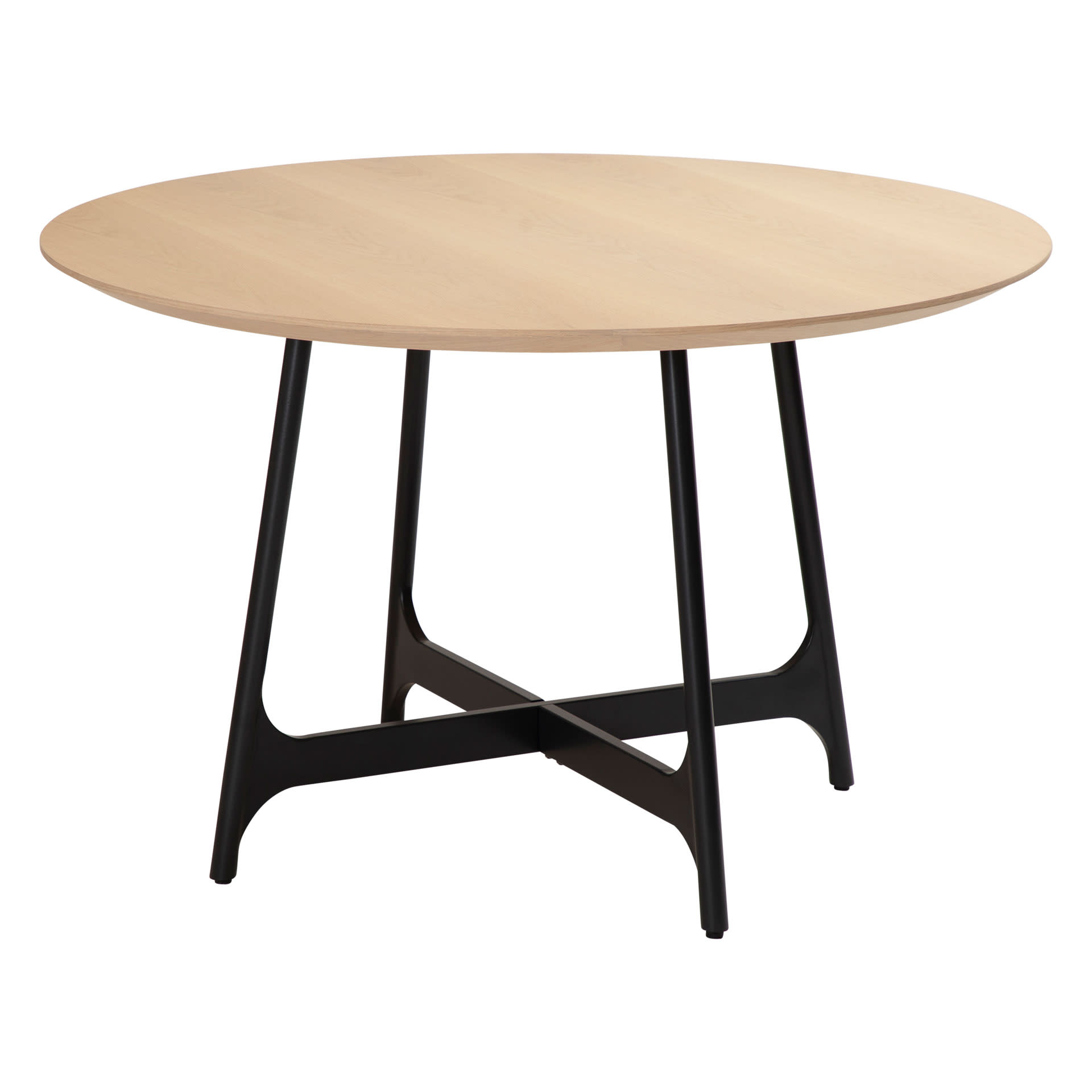 Der Dan Form Tisch Ooid ist ein runder Holztisch mit einer hellen Platte und schwarzen Metallbeinen. Der Dan Form Tisch Ooid ist ein runder Holztisch mit einer hellen Platte und schwarzen Metallbeinen.