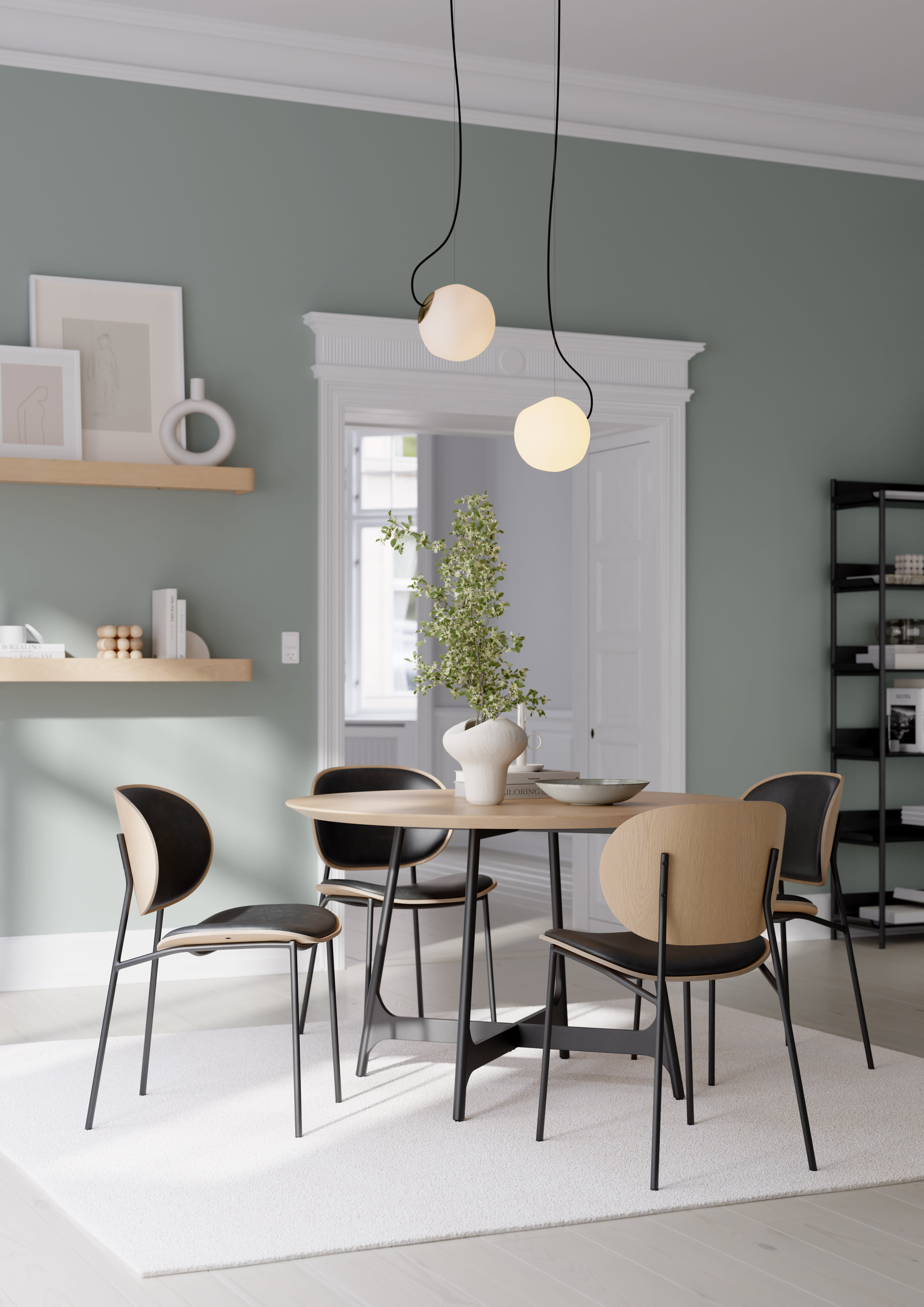 Salle à manger moderne avec la table Ooid et les chaises Clementina, complétée par des suspensions lumineuses et un décor minimaliste aux tons doux. Salle à manger moderne avec la table Ooid et les chaises Clementina, complétée par des suspensions lumineuses et un décor minimaliste aux tons doux.