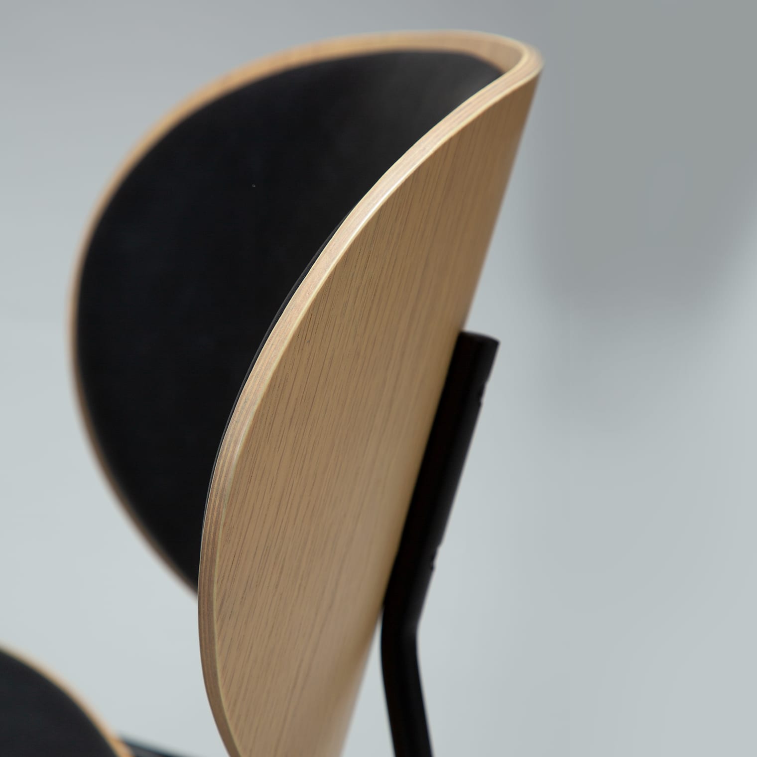 Gros plan sur une chaise Clementina de Tisch Ooid & Stühle, avec un dossier en bois incurvé et une assise rembourrée noire, sur fond clair. Gros plan sur une chaise Clementina de Tisch Ooid & Stühle, avec un dossier en bois incurvé et une assise rembourrée noire, sur fond clair.