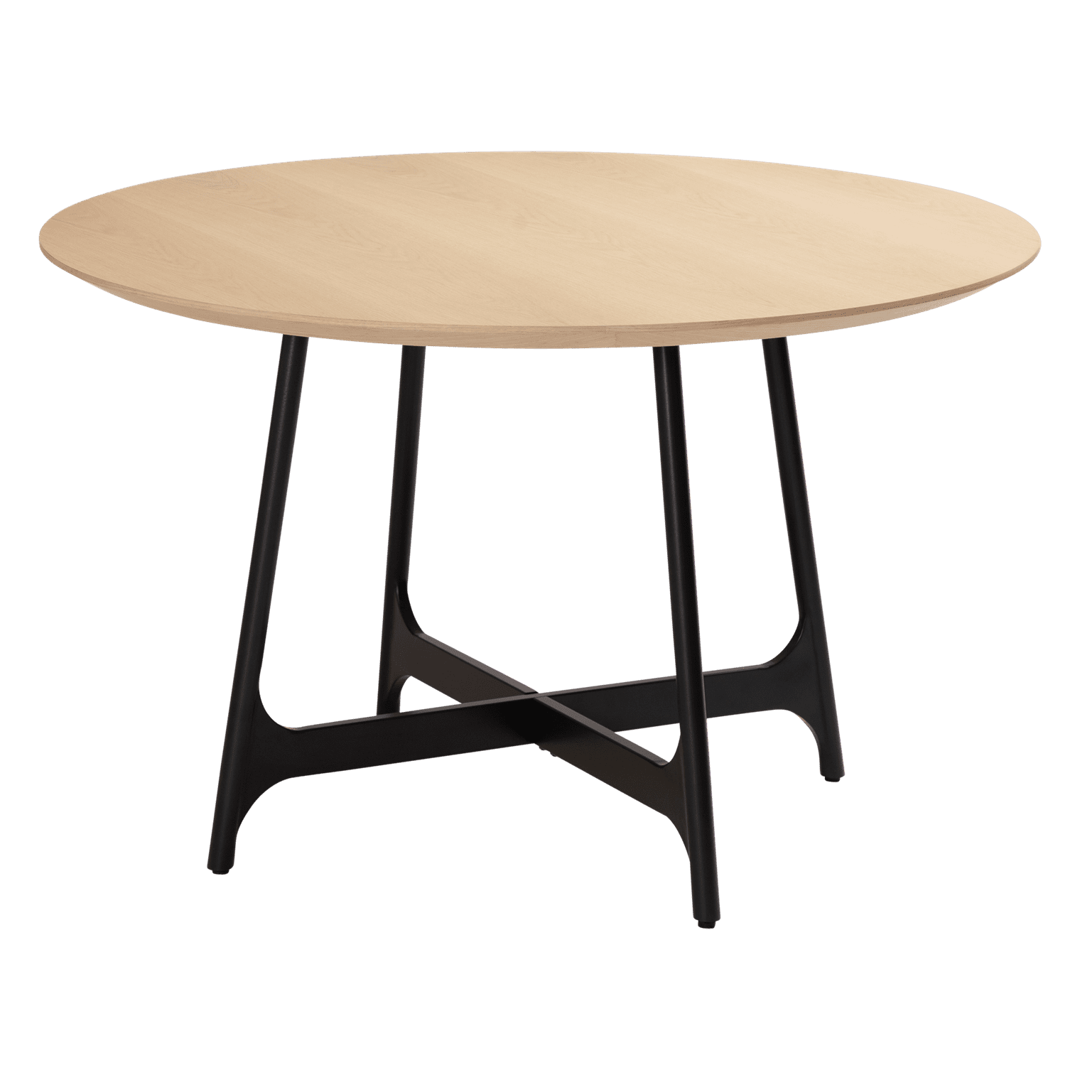 L'ensemble table Ooid et chaises Clementina se compose d'une table ronde en bois avec un plateau en bois clair et des pieds en métal noir sur fond blanc. L'ensemble table Ooid et chaises Clementina se compose d'une table ronde en bois avec un plateau en bois clair et des pieds en métal noir sur fond blanc.