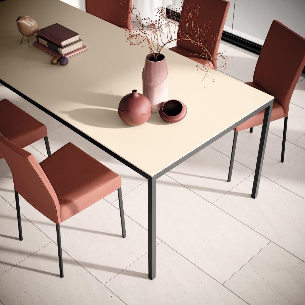 Minimalistischer Esstisch mit rostfarbenen Willisau Stuhl Ambient Stühlen, einer beigen Tischplatte und darauf angeordneten Keramikvasen. Minimalistischer Esstisch mit rostfarbenen Willisau Stuhl Ambient Stühlen, einer beigen Tischplatte und darauf angeordneten Keramikvasen.