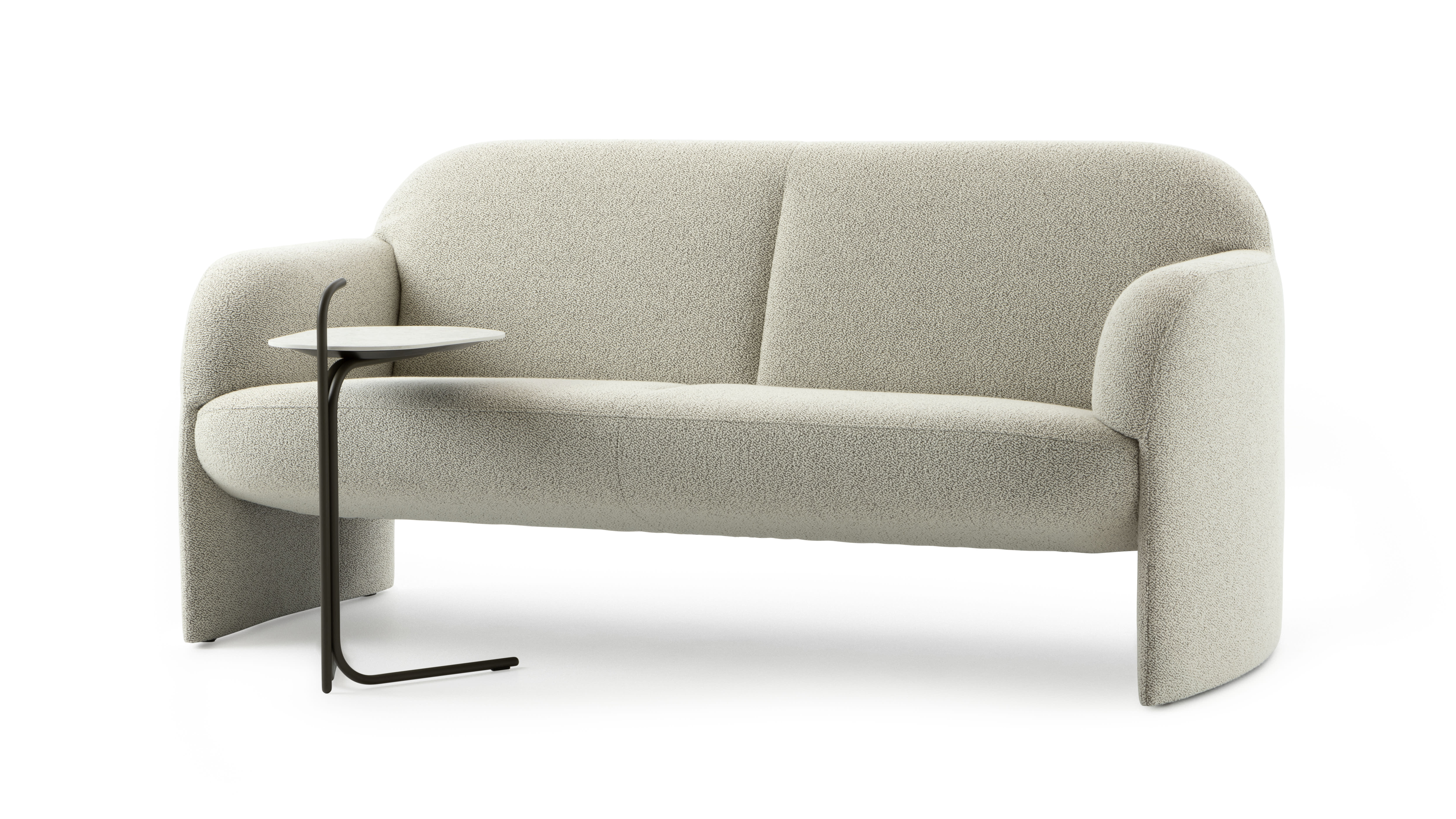 Leolux Sofa Modius in modernem Hellgrau mit abgerundeten Kanten, gepaart mit einem minimalistischen kleinen schwarzen Beistelltisch. Leolux Sofa Modius in modernem Hellgrau mit abgerundeten Kanten, gepaart mit einem minimalistischen kleinen schwarzen Beistelltisch.