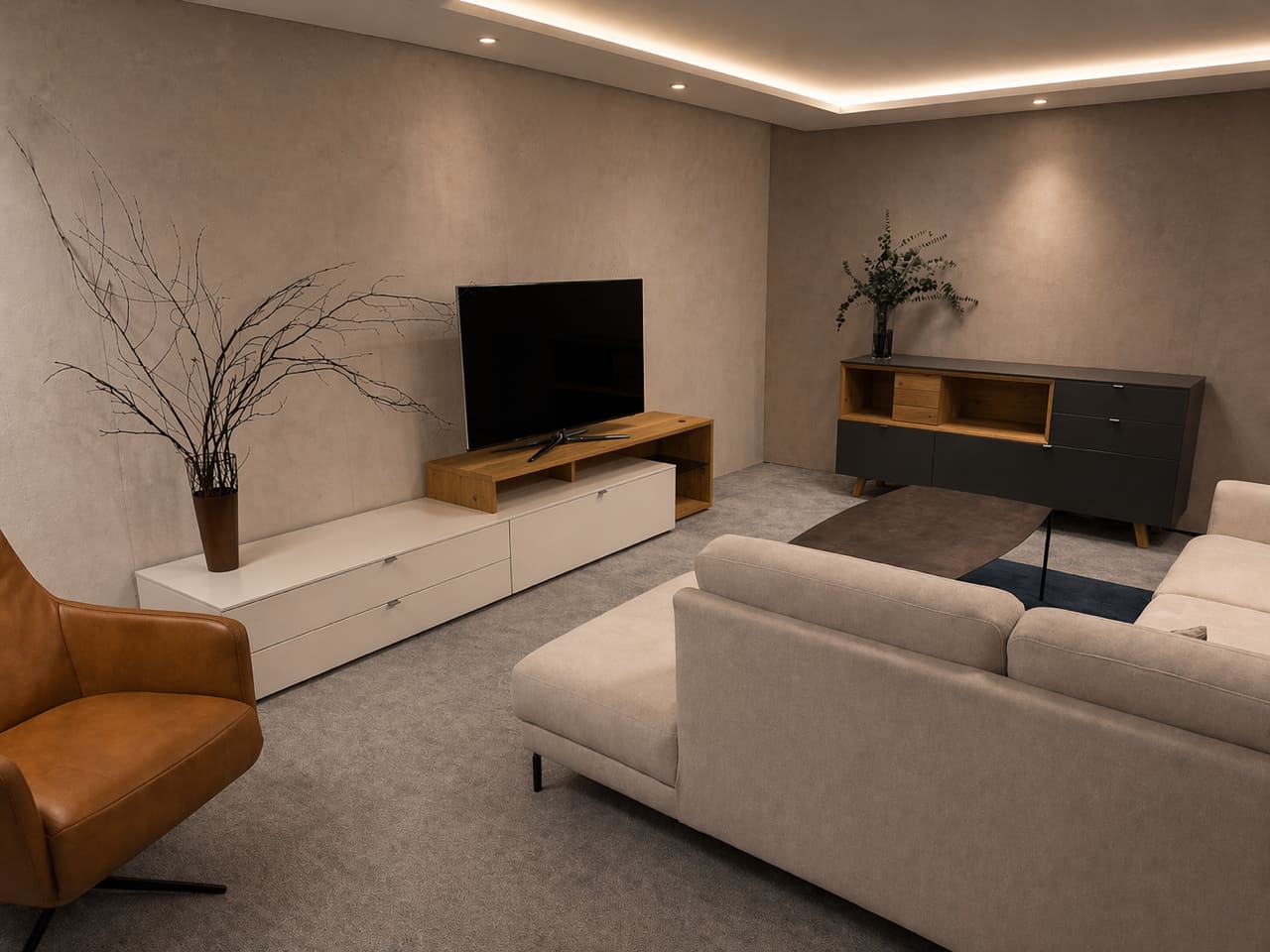 Modernes Wohnzimmer mit einem beigen Sofa, einem Fernseher auf einem Holzständer, einem braunen Sessel, minimalistischem Dekor und dem Venjakob Sideboard Andiamo Home für zusätzlichen Stil und Stauraum. Modernes Wohnzimmer mit einem beigen Sofa, einem Fernseher auf einem Holzständer, einem braunen Sessel, minimalistischem Dekor und dem Venjakob Sideboard Andiamo Home für zusätzlichen Stil und Stauraum.