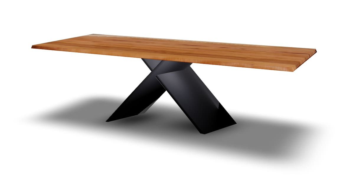 Der Bonaldo Tisch AX Spezial Top ist ein Holztisch mit einer rechteckigen Platte und schwarzen, gekreuzten Metallbeinen, die einen Schatten werfen. Der Bonaldo Tisch AX Spezial Top ist ein Holztisch mit einer rechteckigen Platte und schwarzen, gekreuzten Metallbeinen, die einen Schatten werfen.